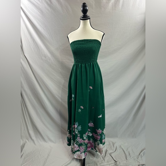 Floral Print Strapless Shirred A-Line Dress Green - Picture 5 of 8